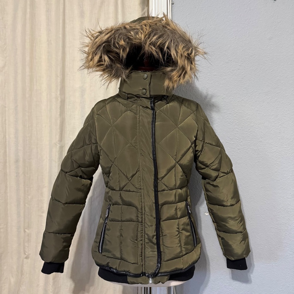 Weatherproof Olive‎ Green Quilted Puffer Jacket Faux Fur Trim Hood Women's Sz L